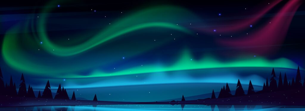 arctic aurora borealis over night lake in sky